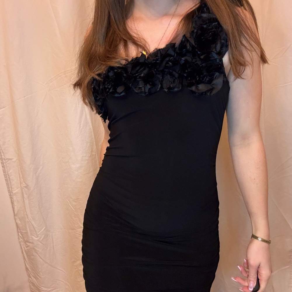 Chic One Shoulder Black Dress with Floral Accents